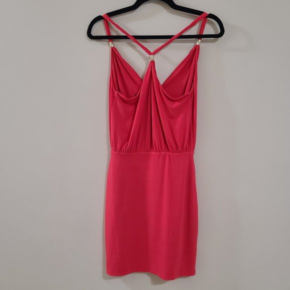 EUC MARCIANO Coral T-Back Summer Mini Dress w/ Gold Accent Bands and V Neckline - Picture 4 of 6